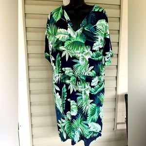 CHICO'S Womans Knit Dress Drawstring Waist Palm Leaves Print V Neck